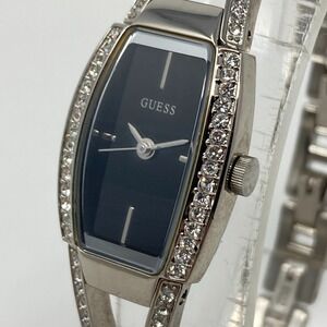 Guess Watch Women 17mm Silver Tone Crystals Bling Black Dial New Battery 7"